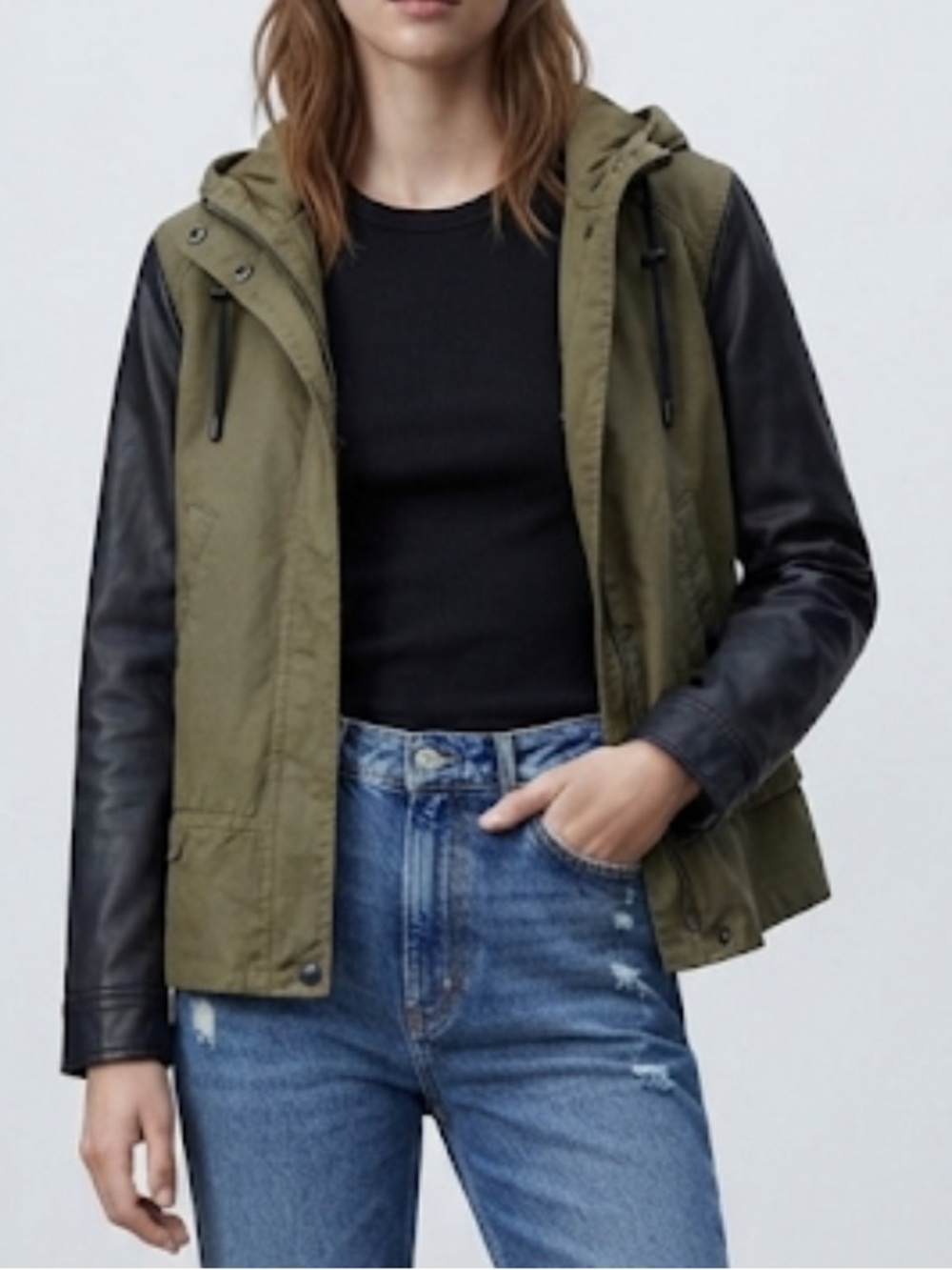 ZARA Military Field Jacket Olive Green Faux Leather Sleeves Hooded Small